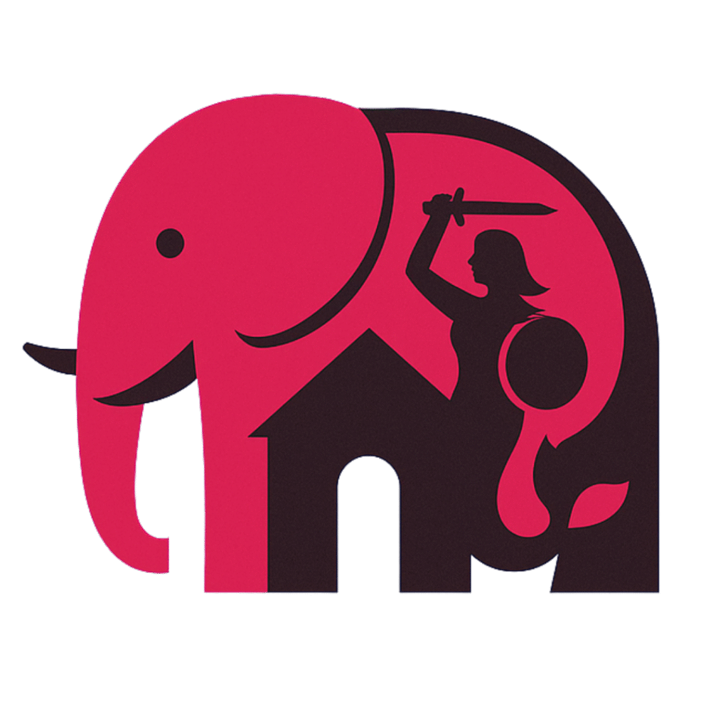 Logo Domu Ukojenia przedstawia różowego słonia z sylwetką syreny z mieczem i tarczą, stojącą obok domu