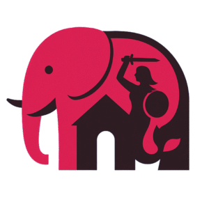 Logo Domu Ukojenia przedstawia różowego słonia z sylwetką syreny z mieczem i tarczą, stojącą obok domu