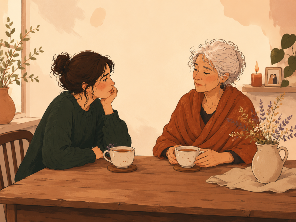 Two women sit at a wooden table, sharing tea in a cozy room; younger in a dark green sweater rests her chin on her hand while an older woman in an orange shawl holds a mug.
