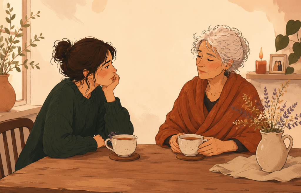 Two women share tea at a wooden table, one younger with dark hair listening attentively to an older woman with white hair and a warm shawl.